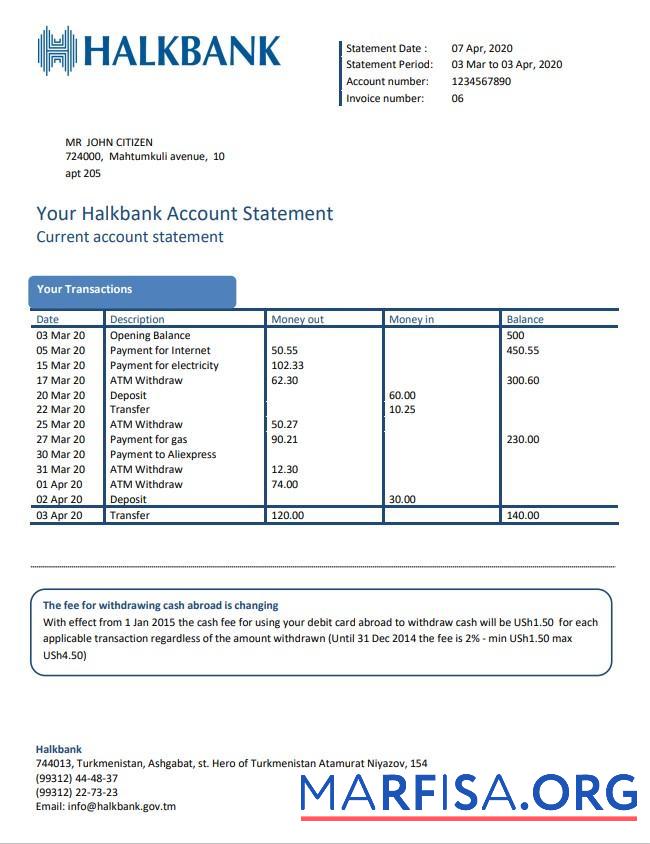 Downloadable Turkmenistan Halkbank proof of address bank statement word example